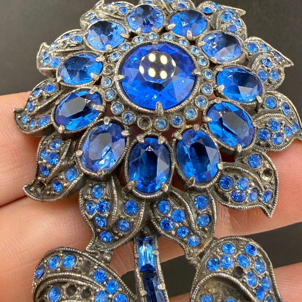 Vintage Pot Metal Brooch Blue Rhinestone Sunflower Brooch Floral  Large